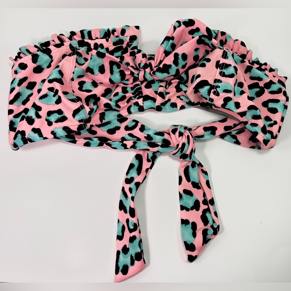 Betsey Johnson Pink and Blue Leopard Print Bandeau Bikini Top w Bow Size Medium